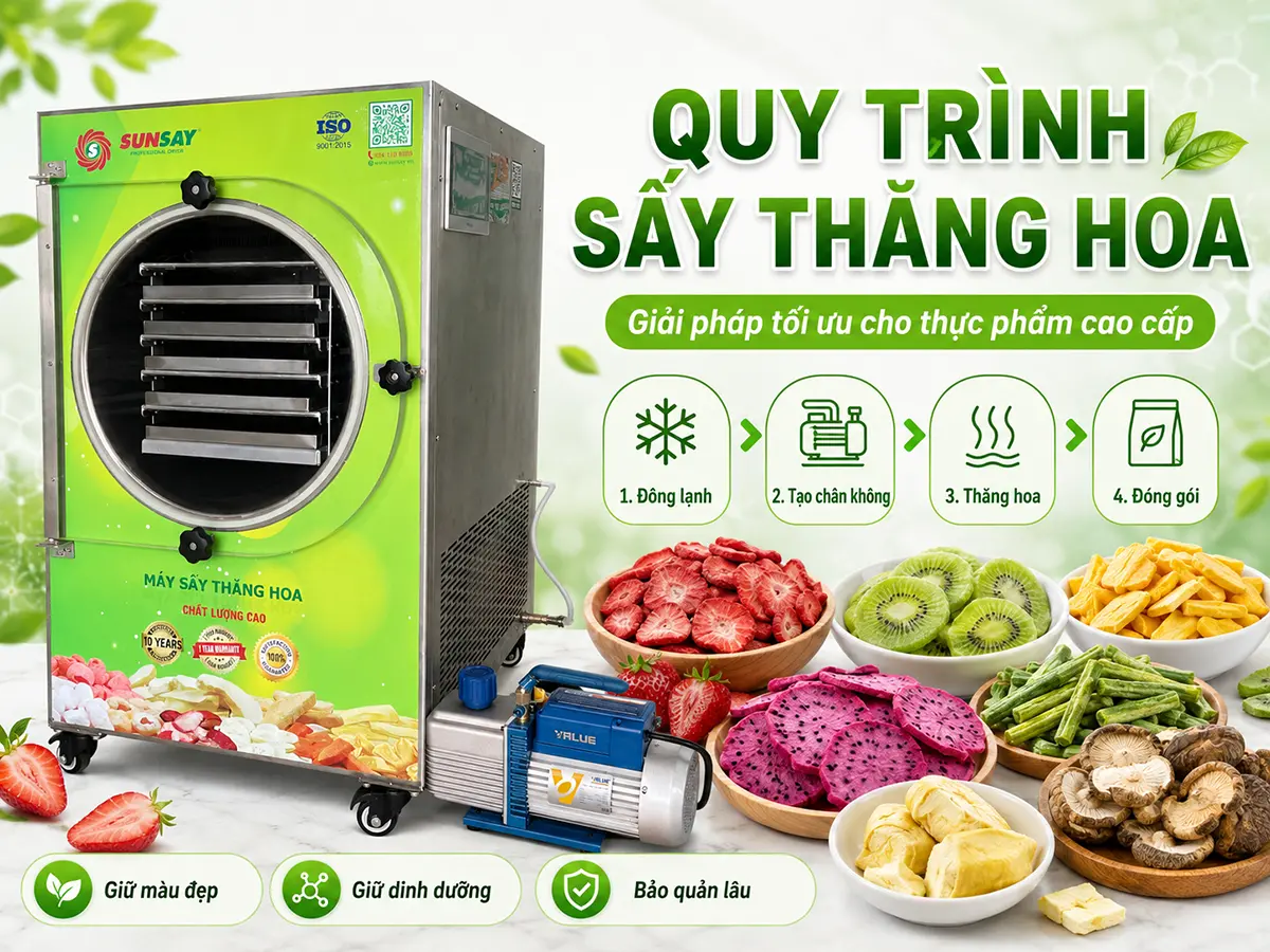 Tìm hiểu quy trình sấy thăng hoa hiện đại giúp giữ trọn dinh dưỡng, tăng giá trị sản phẩm thực phẩm cao cấp, góp phần nâng tầm nông sản Việt.