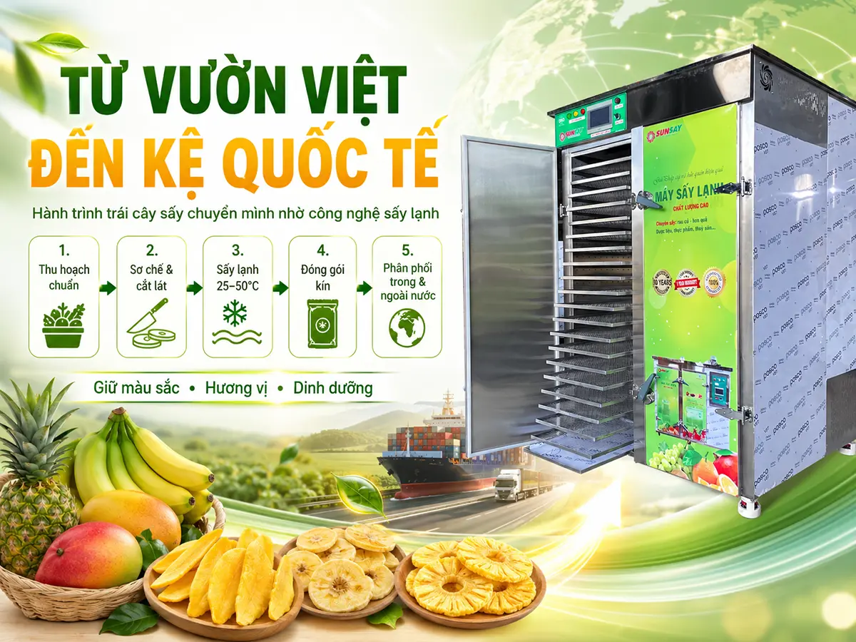 Hành trình của trái cây sấy bắt đầu từ vùng nguyên liệu đạt chuẩn, đi qua công nghệ sấy lạnh hiện đại và kết thúc bằng những sản phẩm chất lượng cao trên kệ siêu thị trong và ngoài nước