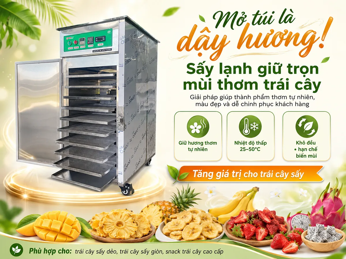 Máy sấy lạnh SUNSAY ứng dụng công nghệ sấy lạnh bảo toàn mùi thơm trái cây, giúp thành phẩm giữ trọn hương vị tự nhiên và hấp dẫn người tiêu dùng ngay từ lần mở bao bì đầu tiên.