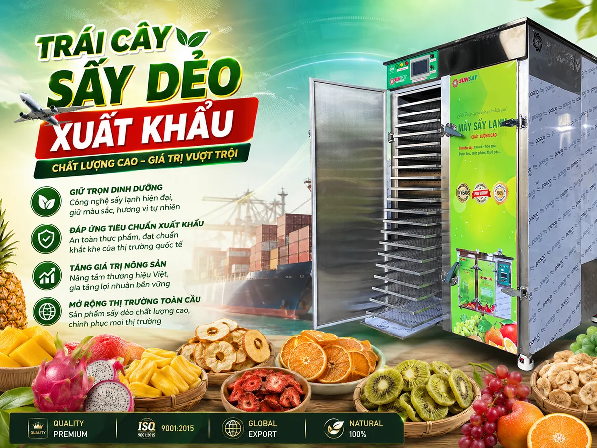 Trái cây sấy dẻo xuất khẩu đòi hỏi quy trình sấy hiện đại và kiểm soát chặt chẽ để đảm bảo chất lượng đồng đều, đạt tiêu chuẩn vệ sinh và giữ trọn giá trị dinh dưỡng tự nhiên