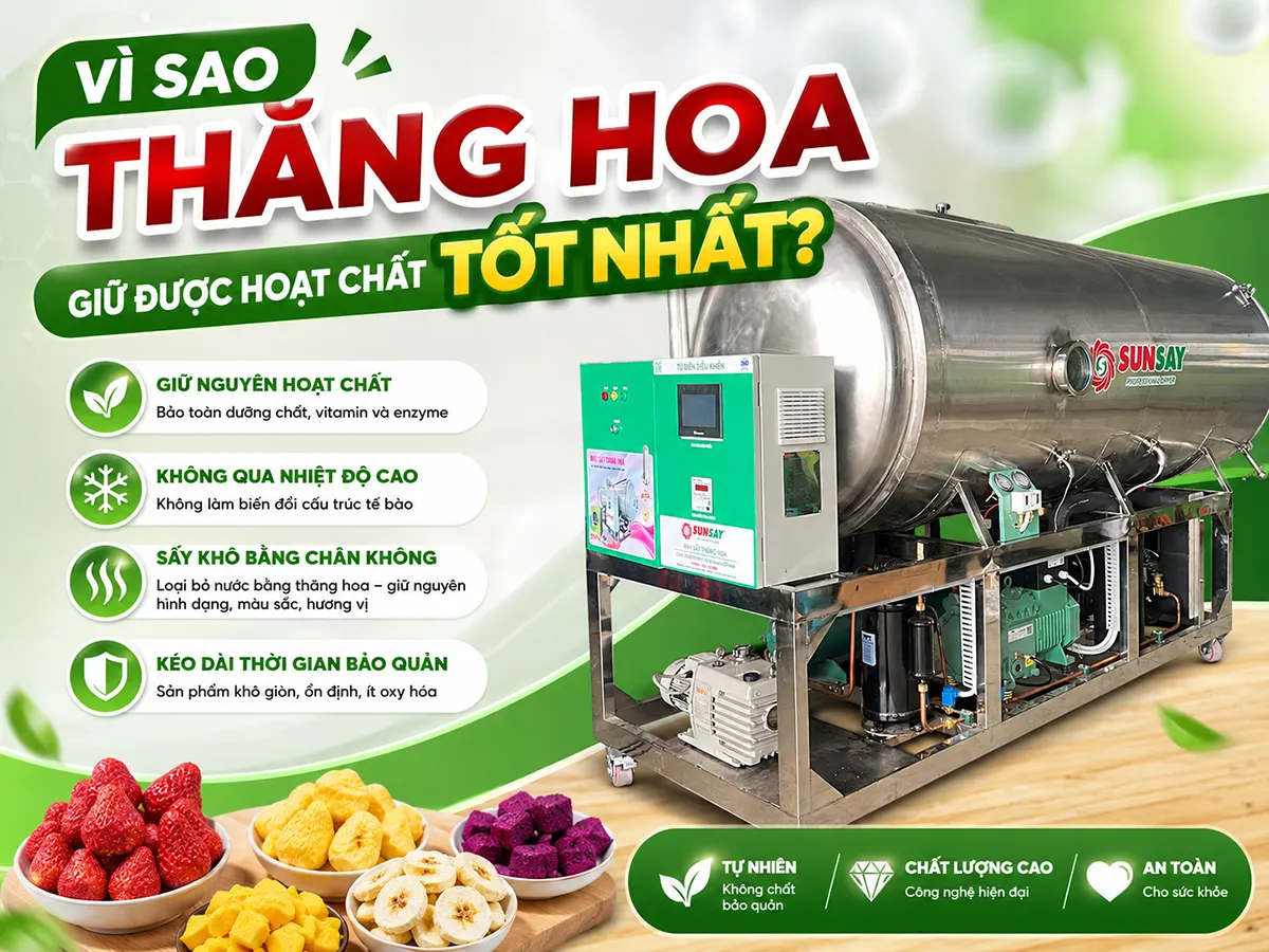 Vì sao thăng hoa giữ được hoạt chất tốt nhất là câu hỏi bắt nguồn từ chính cơ chế sấy không dùng nhiệt, giúp bảo toàn cấu trúc phân tử nhạy cảm trong nguyên liệu