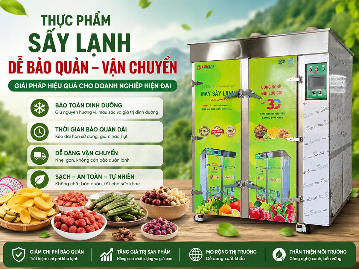 Nhờ công nghệ sấy hiện đại, Thực phẩm sấy lạnh dễ bảo quản vận chuyển, giúp doanh nghiệp giảm chi phí lưu kho và mở rộng thị trường tiêu thụ.